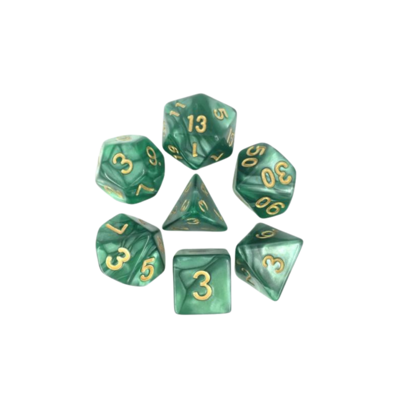 lot de 7 Dés – 16mm- Vert nacré et or